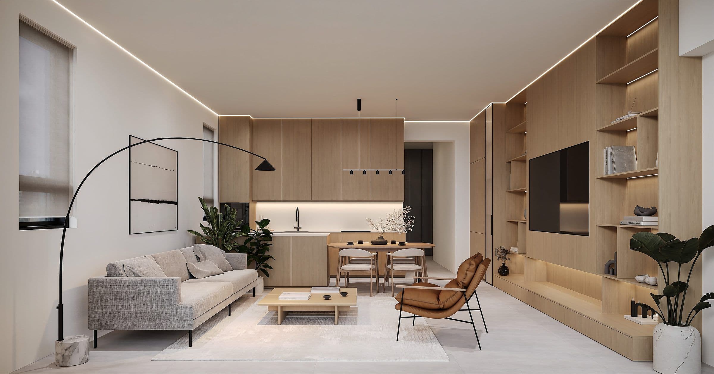 A living room and kitchen furnished as a BK Box package