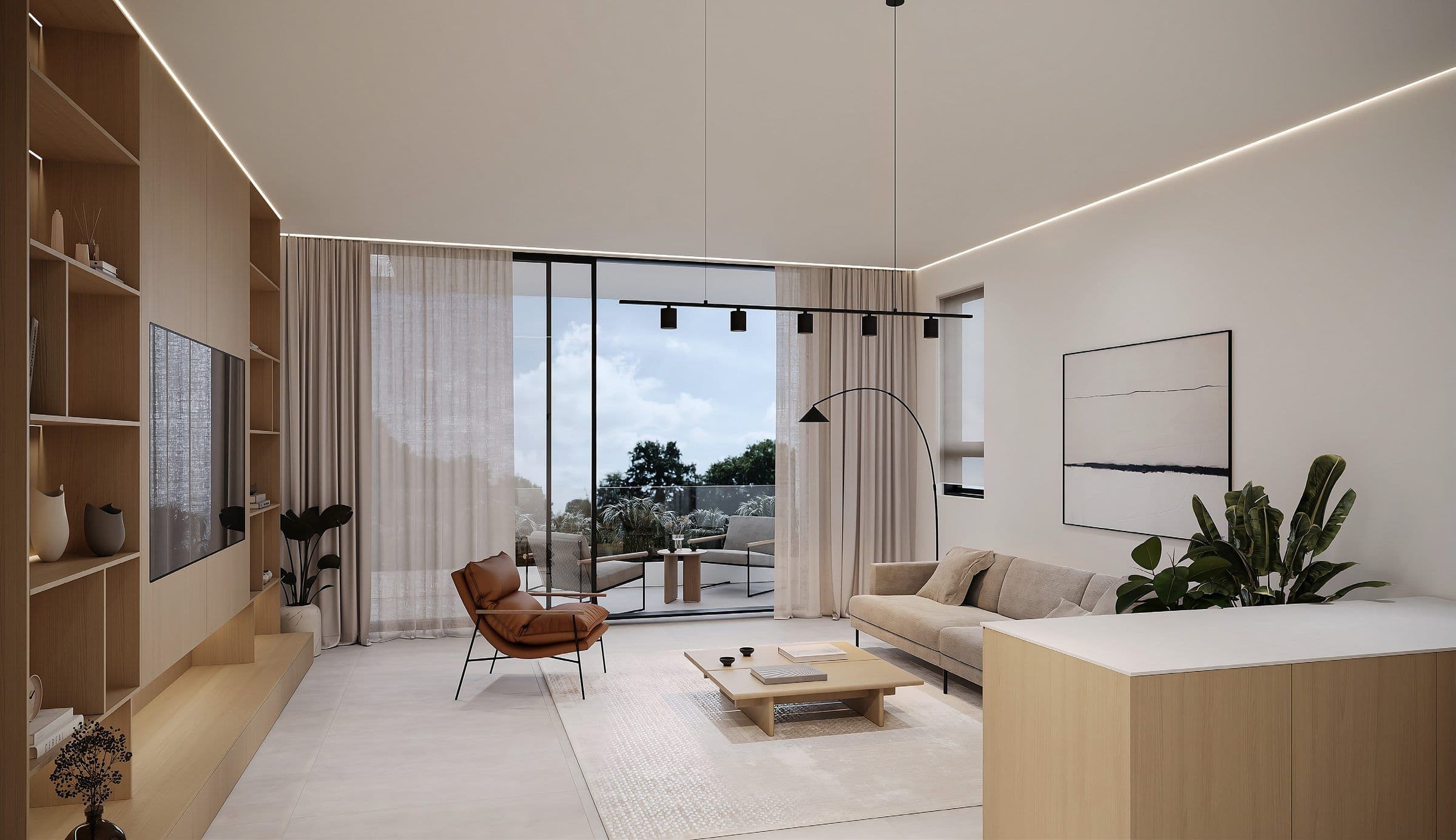 A furnished living room, looking out to the terrace