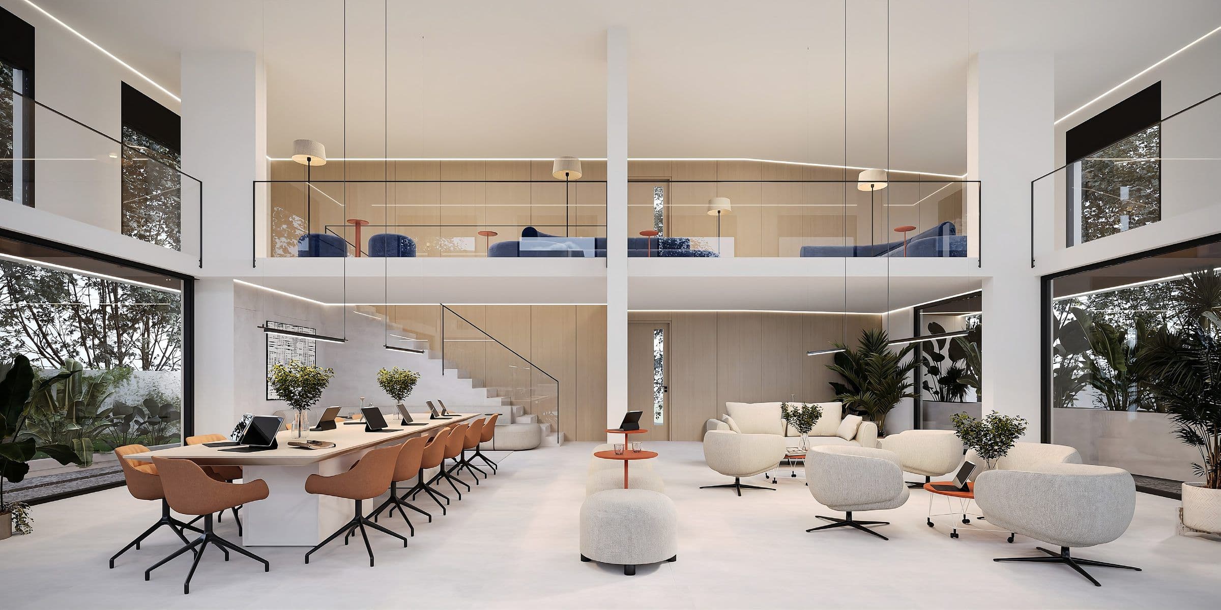 A double height communal lounge in a development