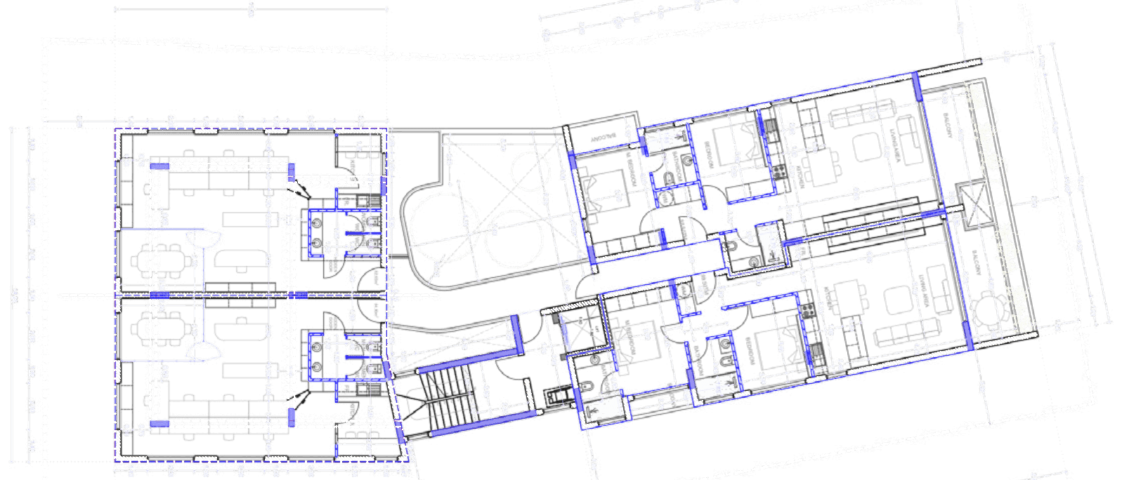 A mixed-use building: A floor, both halves